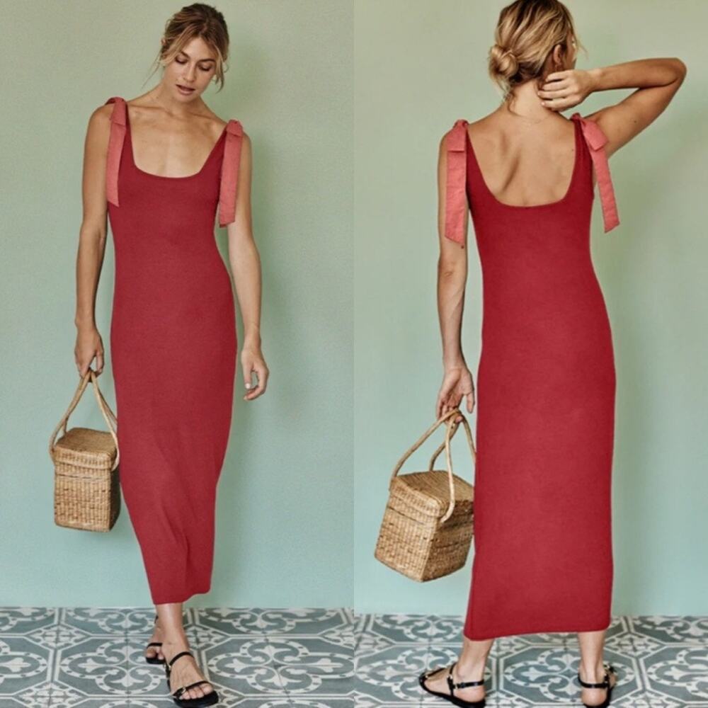 NWT Summersalt Womens Soft Ribbed Tie Shoulder Sleeveless Maxi Dress Pink Medium